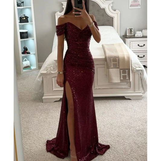 Solenya | Off-Shoulder Evening Dress with Sequins and Split