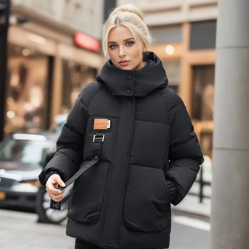 Long women's puffer winter coat with down and cotton filling