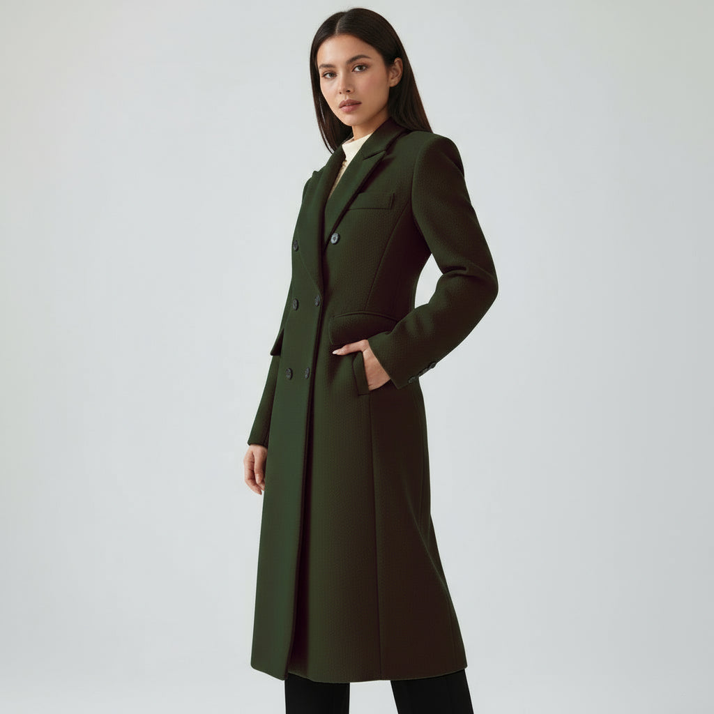 Elegant long coat in wine red with double buttons