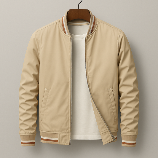 Benson Men's Bomber Jacket | Ribbed Trim, Transitional Beige 1