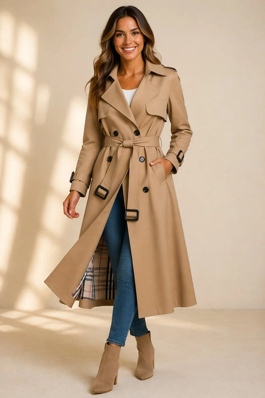 Brenna Women's Trench Coat | Double-Breasted, Belted Waist, Long Line 1