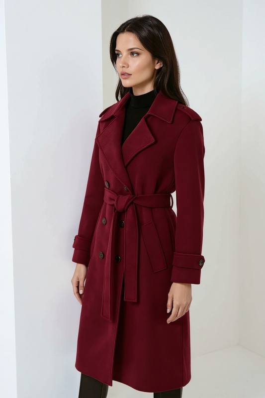 Burgundy Long Winter Coat for Women with Belt and Double Buttons for Style and Comfort