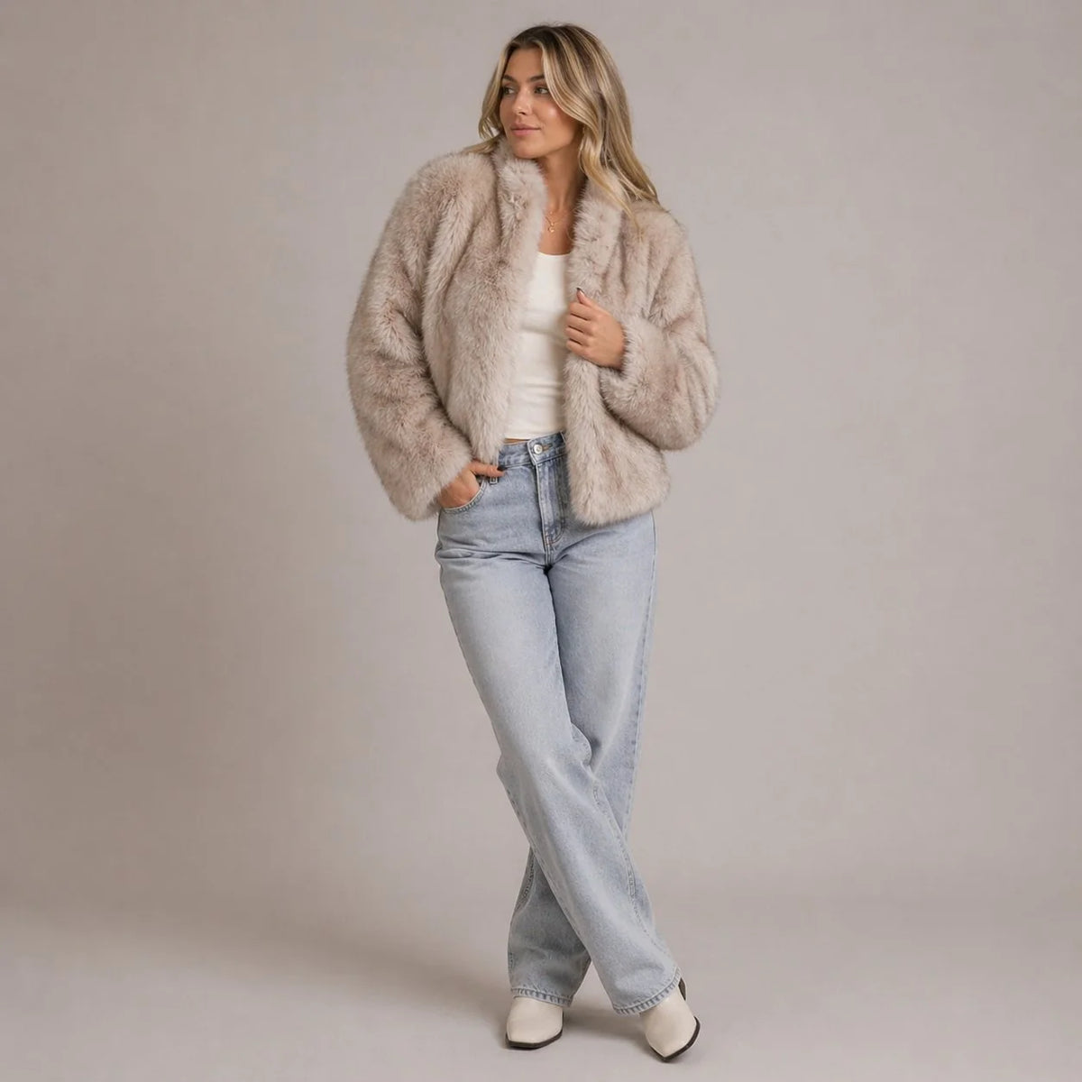 Celia Women's Faux Fur Jacket | Cropped Relaxed Fit Open Front 3