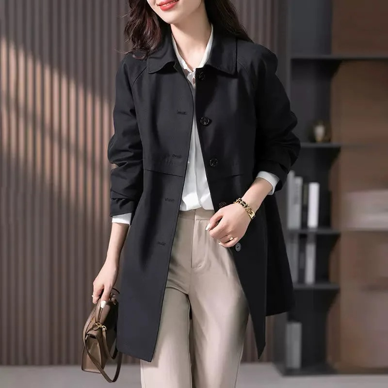 Women's Trench Coat with Button Closure and Collar – Timeless and Comfortable in Black, Suitable for Spring and Autumn