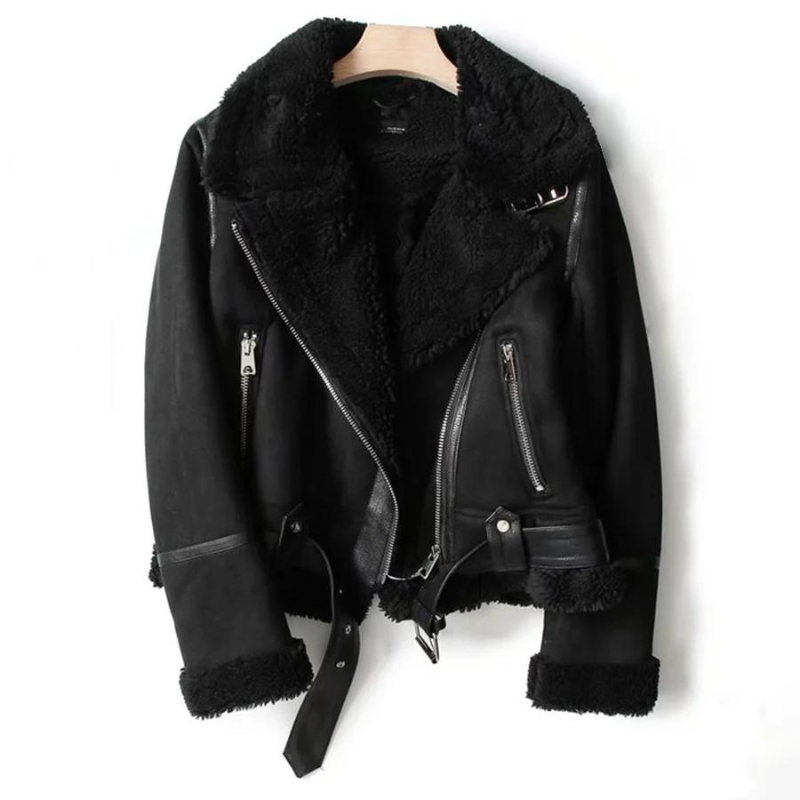 Jade Ladies Leather Jacket | Black Leather with Sherpa Lining, Rugged and Elegant