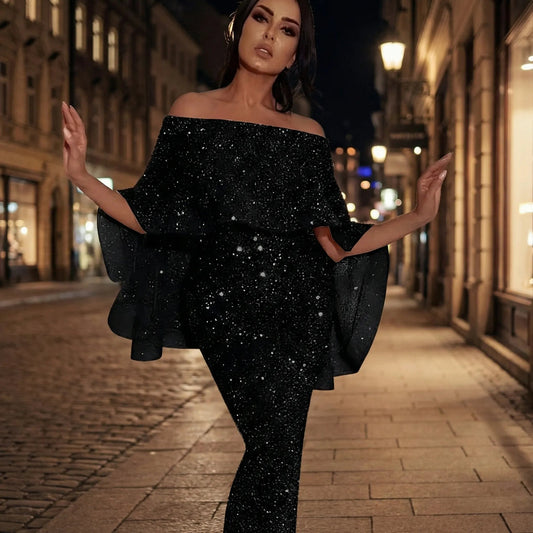 Jara Women's Black Maxi Dress | Off-the-Shoulder, Shimmering A-Line, Plus Size Available 1