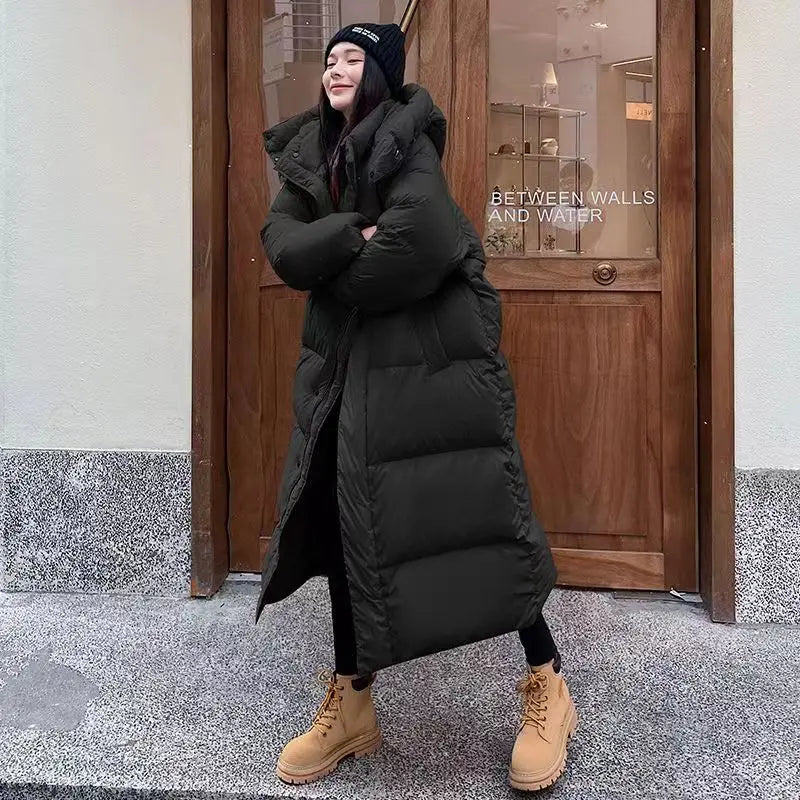Long Women's Winter Padded Coat with Hood - Windproof and Comfortable for Cold Days