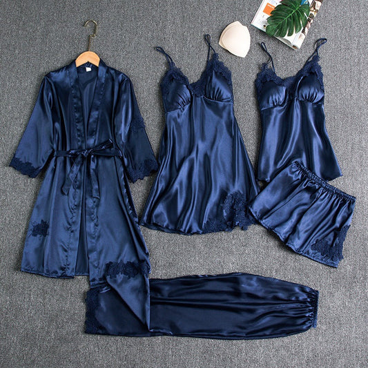 Liora Women's Satin Pajama Set | 5-Piece with Lace Details 1