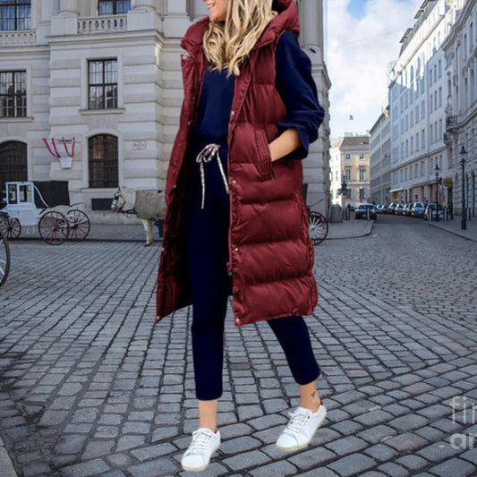 Luna Women's Long Padded Vest | Quilted, Hooded Design 1