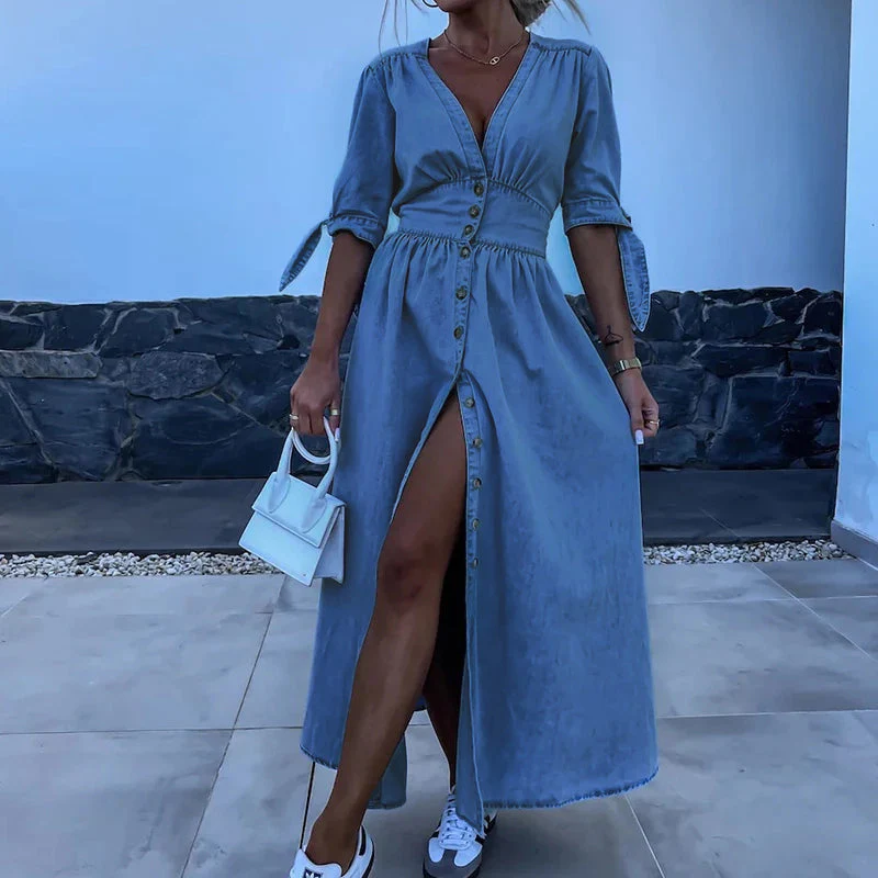 JENARA | Denim maxi dress with buttons and tie sleeves