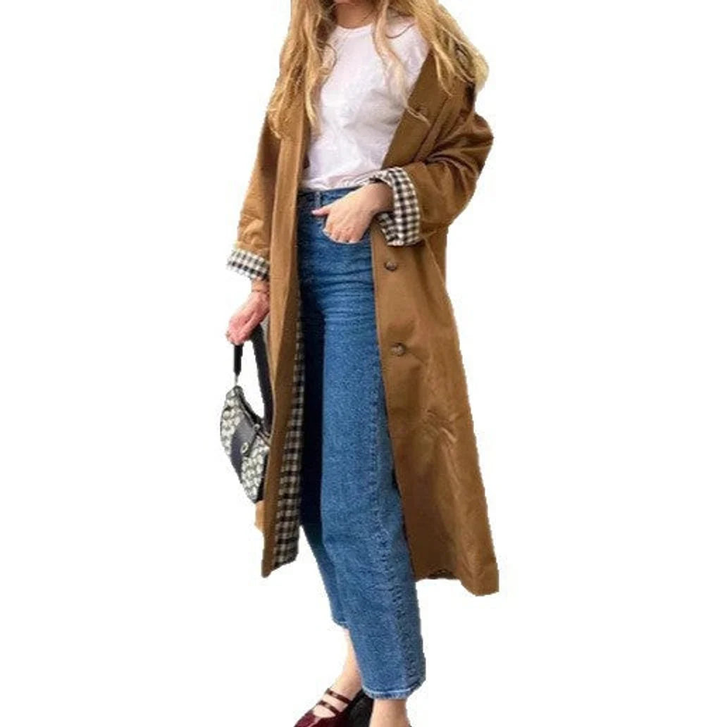 Olwen Women's Trench Coat | Oversized Fit, Notch Collar, Plaid Lining 5
