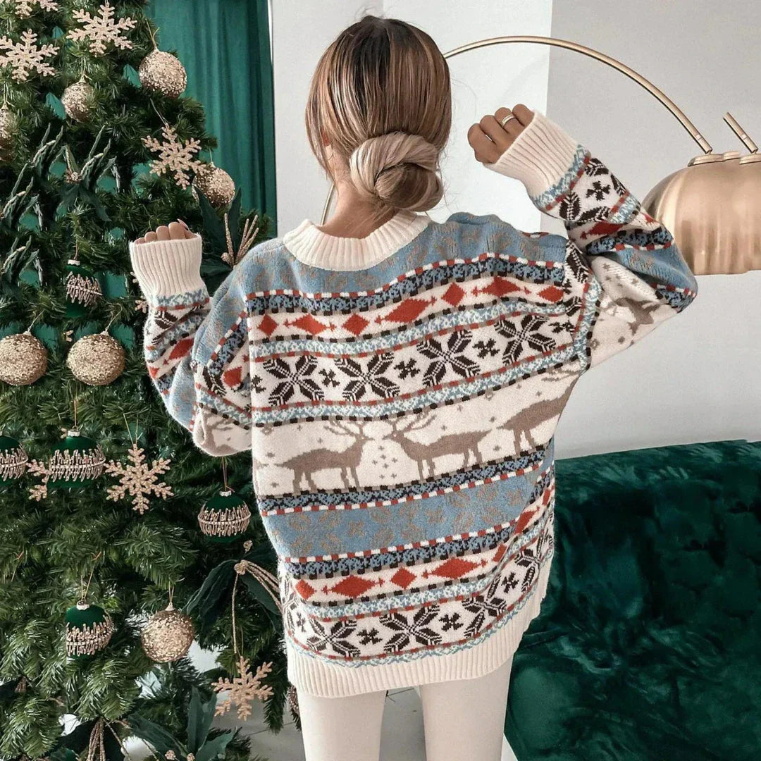 Ria Women's Christmas Sweater | Warm Oversized Fit, Playful Reindeer Pattern