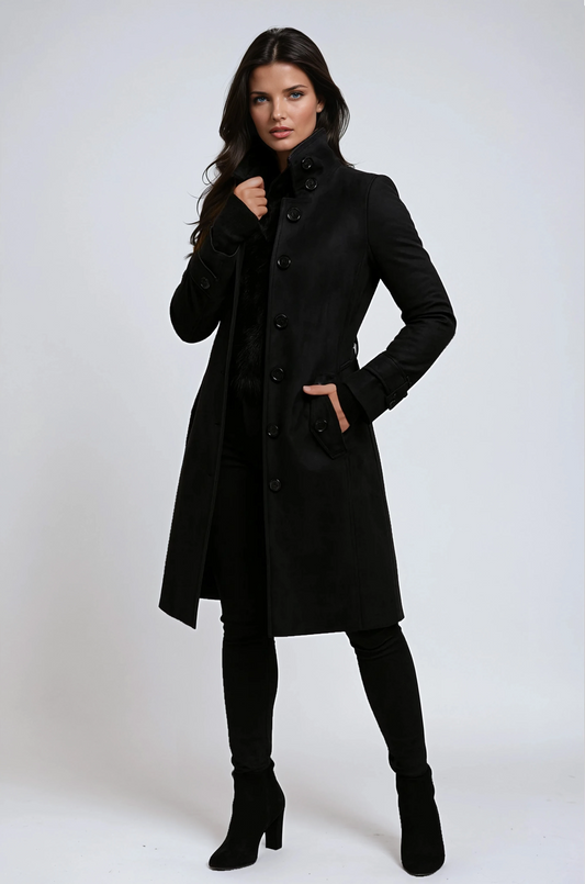 Stylish Long Women's Coat with High Collar – Elegant Winter Coat for Cold Months