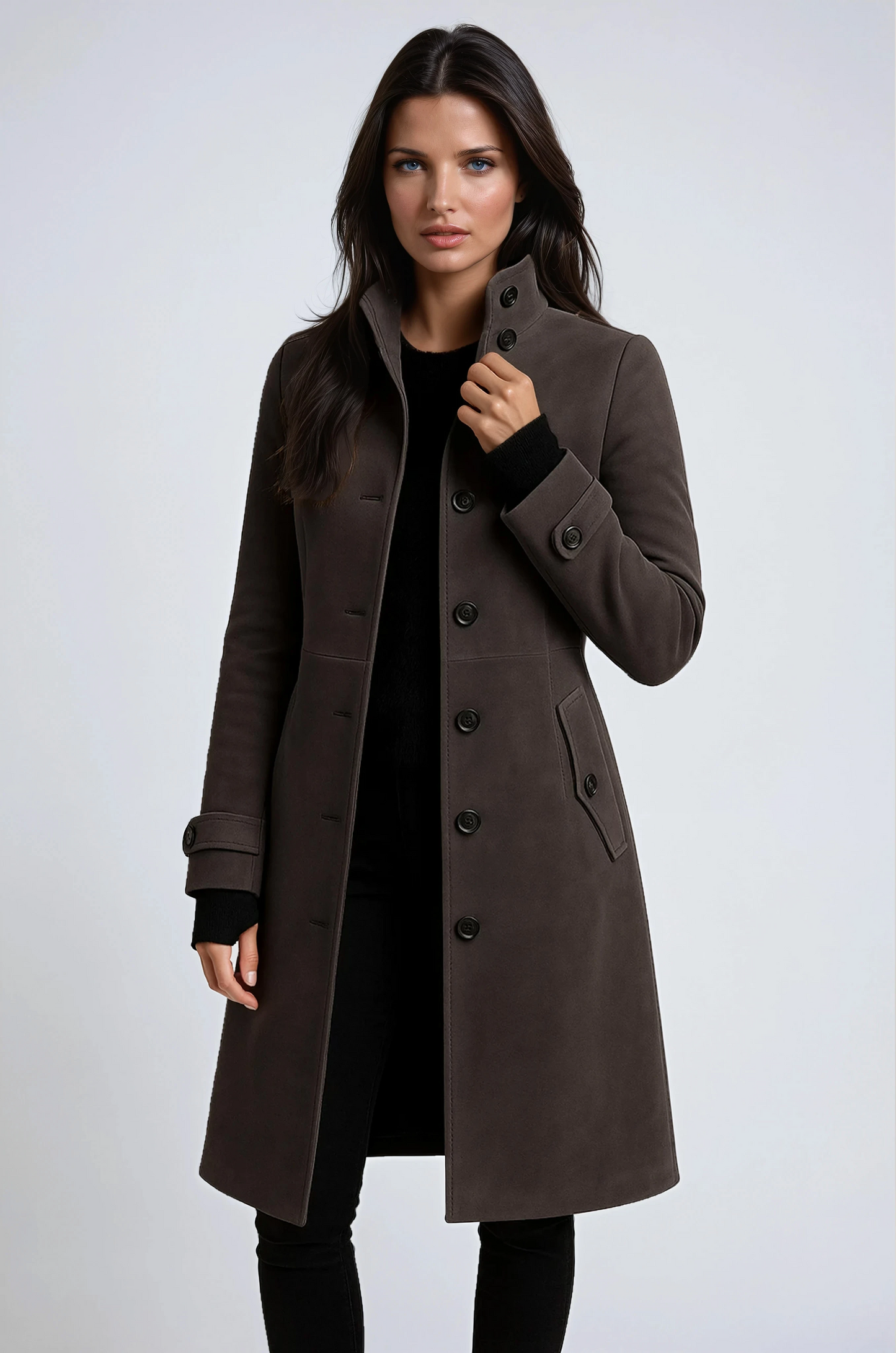Stylish Long Women's Coat with High Collar – Elegant Winter Coat for Cold Months
