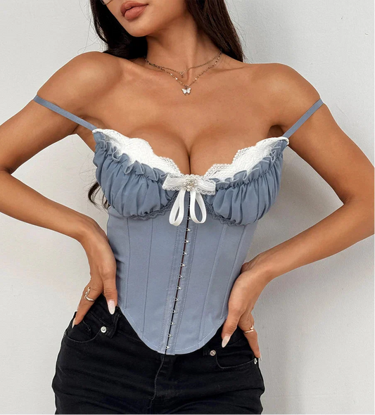 Vera Dames Crop Shirt | Lace Patchwork, Sexy V-neck