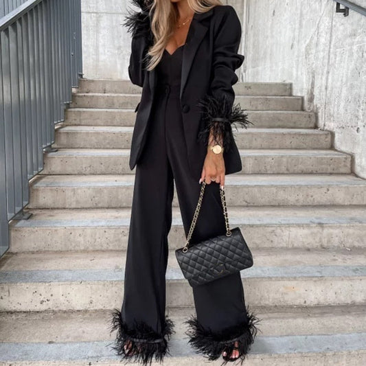 Vera Black Women's Suit | Polyester and Cotton, Elegant with Feather Accents