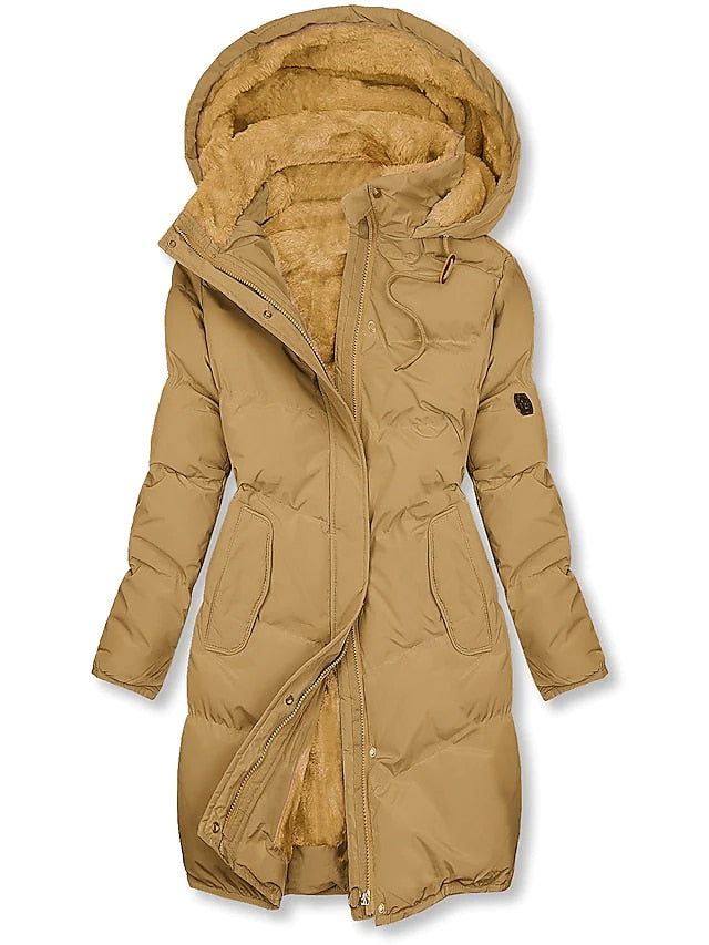 Ladies' Long Padded Puffer Winter Jacket with Hood and Warm Lining