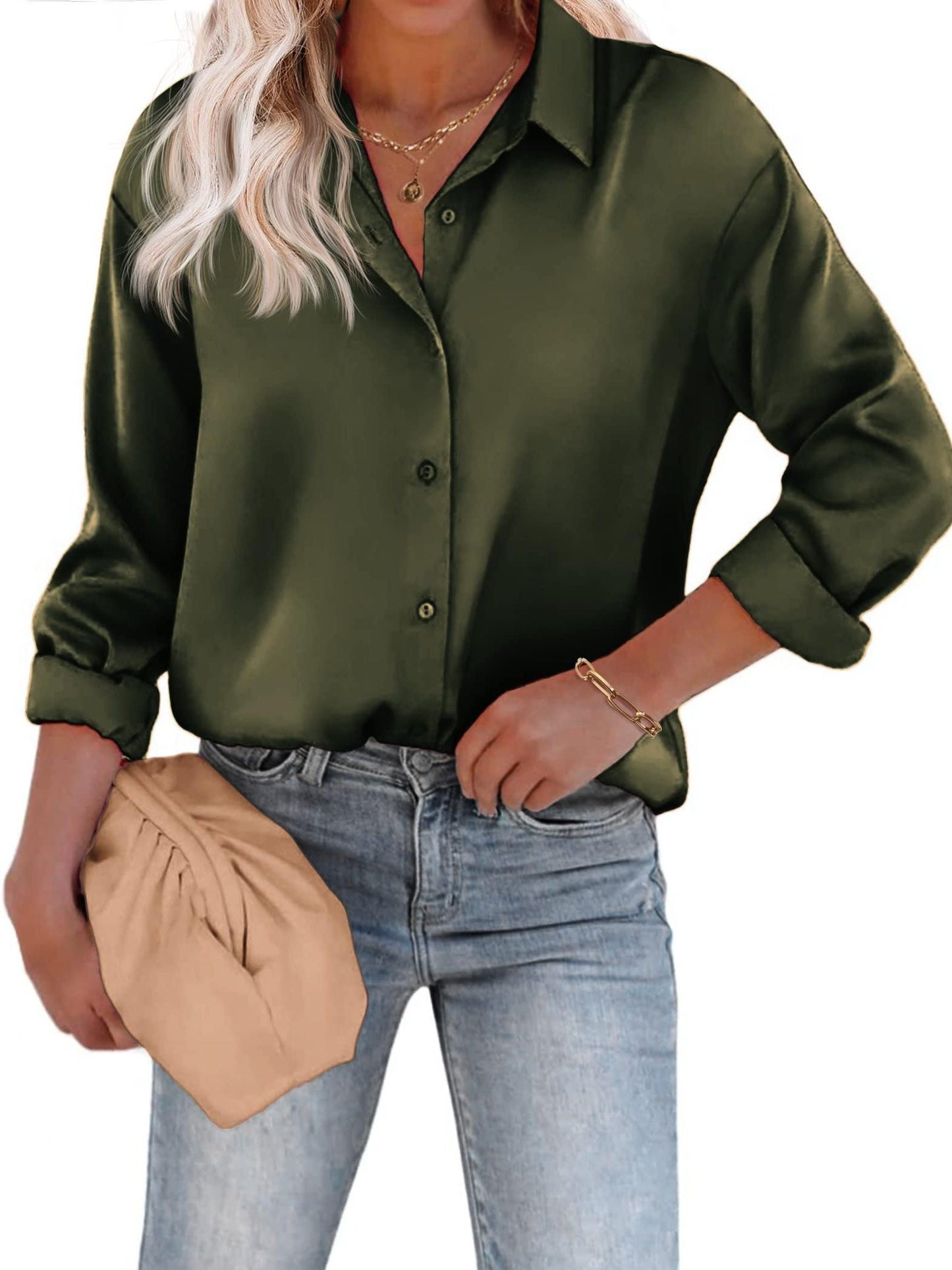 Esthere | Casual Satin Blouse with Button Closure and Long Sleeves