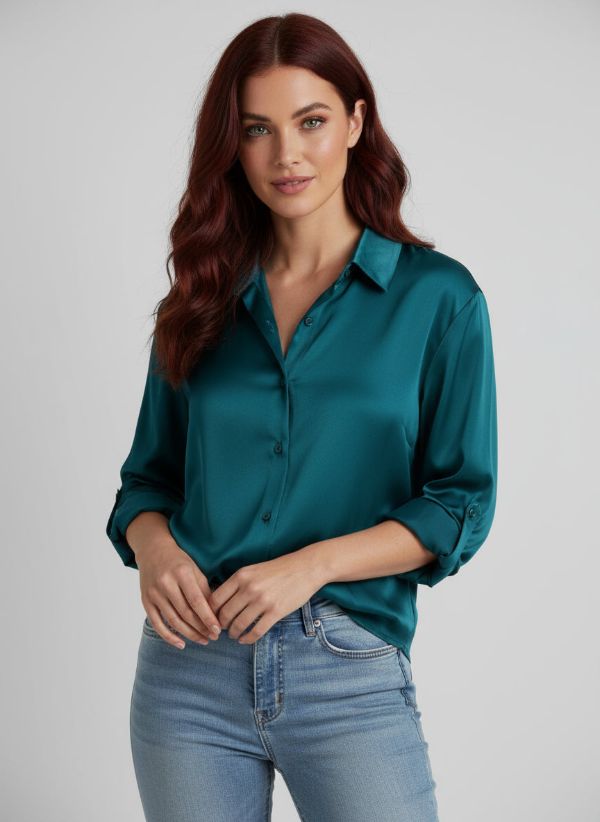 Esthere | Casual Satin Blouse with Button Closure and Long Sleeves