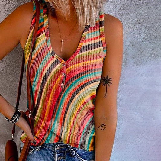 SOLÉNA | Rainbow Striped Tank Top with Buttons