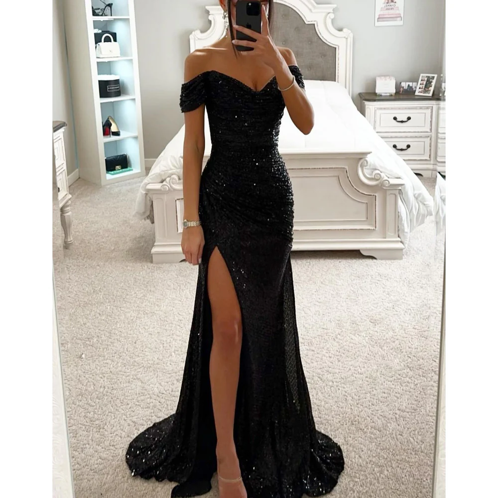 Solenya | Off-Shoulder Evening Dress with Sequins and Split