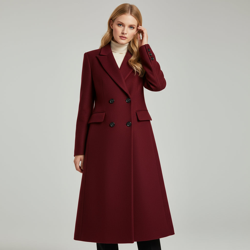 Elegant long coat in wine red with double buttons