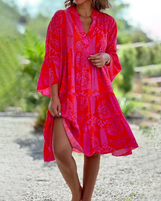 LIVIA | Boho Dress with Three-Quarter Sleeves and Geometric Print
