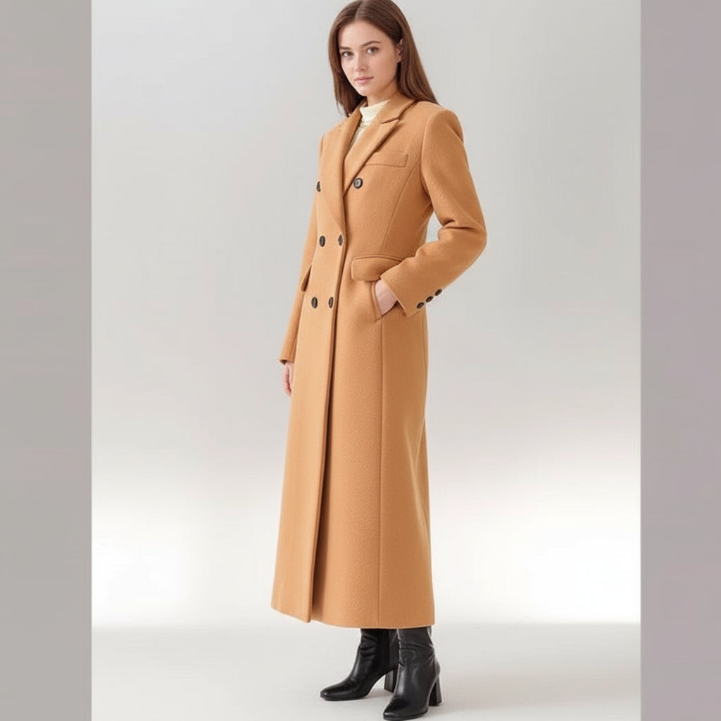 Elegant long coat in wine red with double buttons