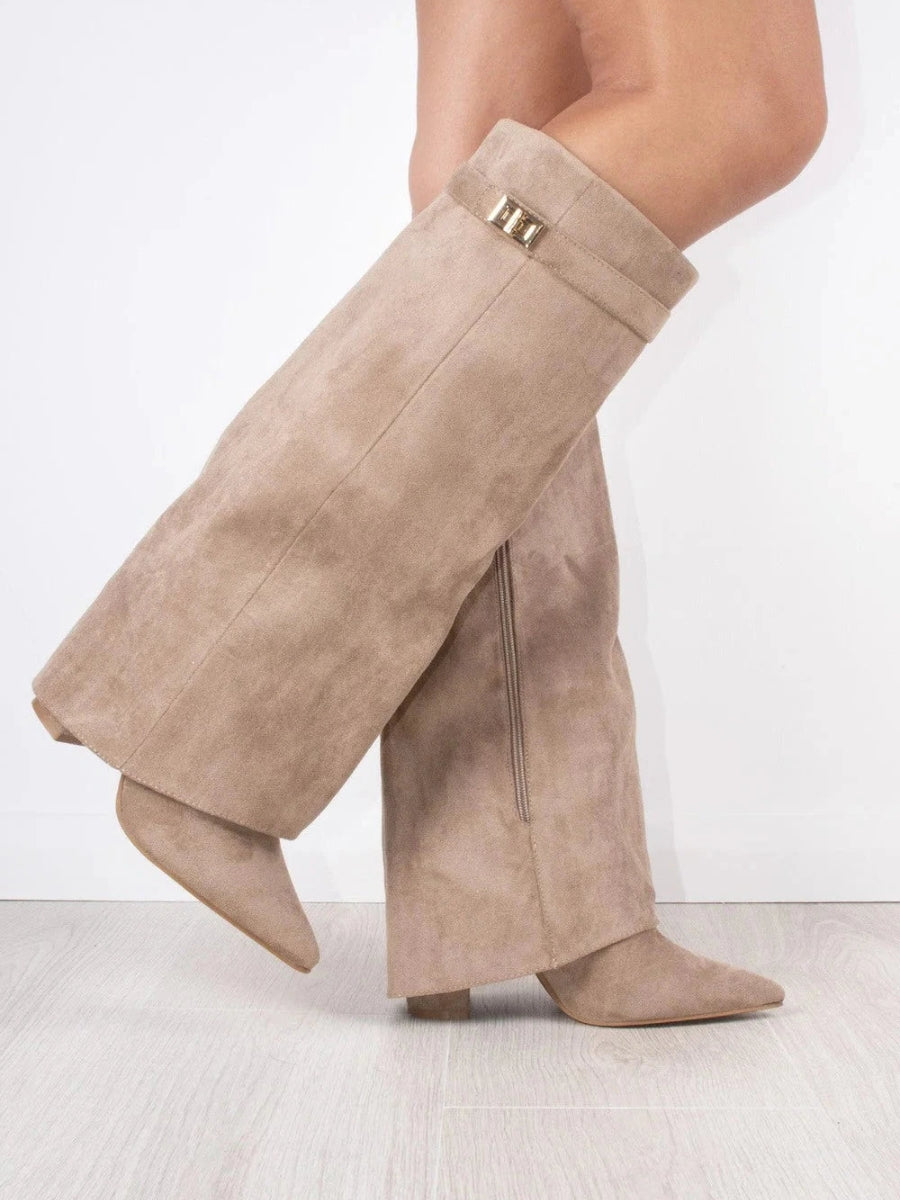 ALVINA | Luxe Suede-Look High Boots with Golden Accent