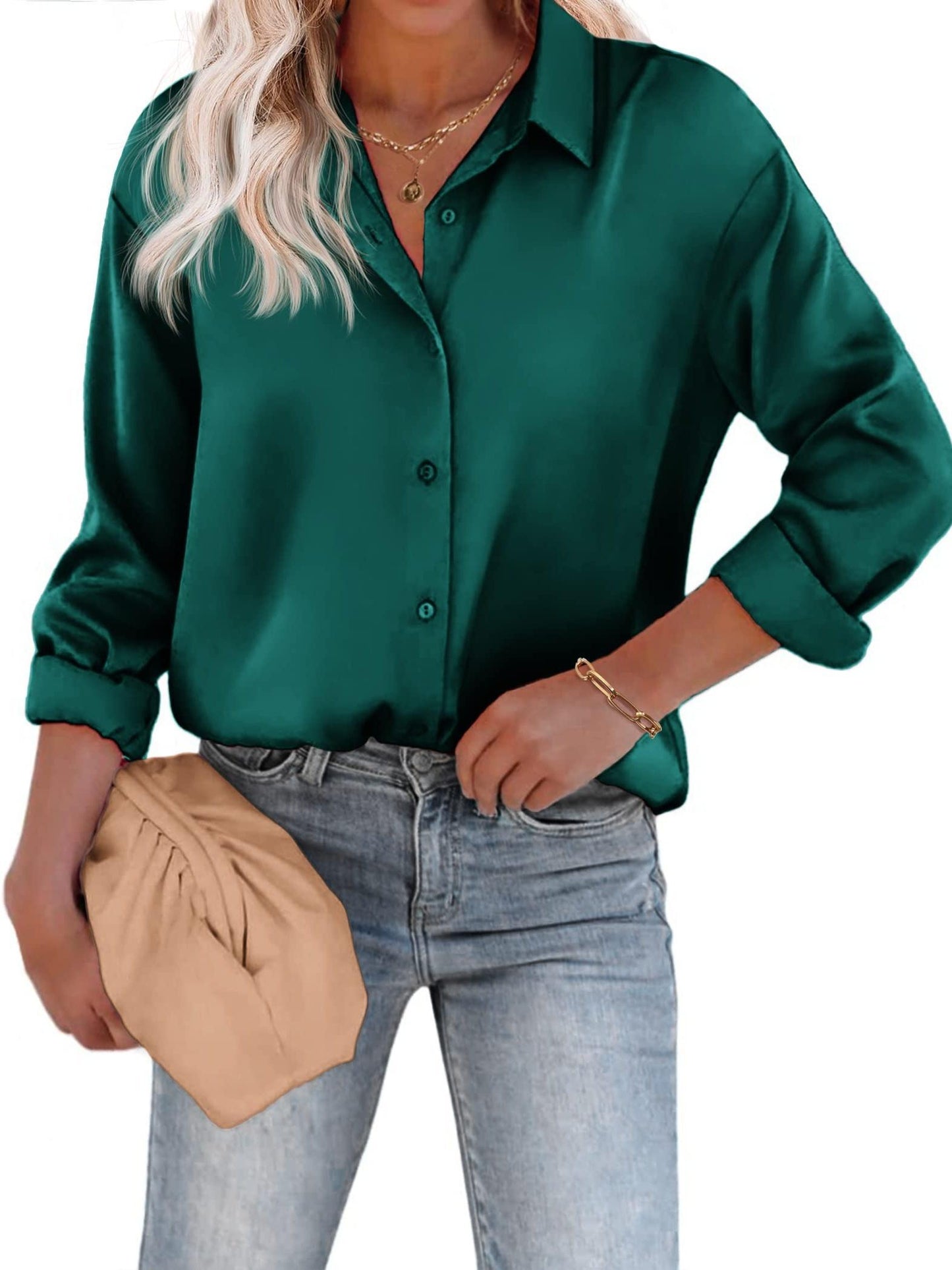 Esthere | Casual Satin Blouse with Button Closure and Long Sleeves