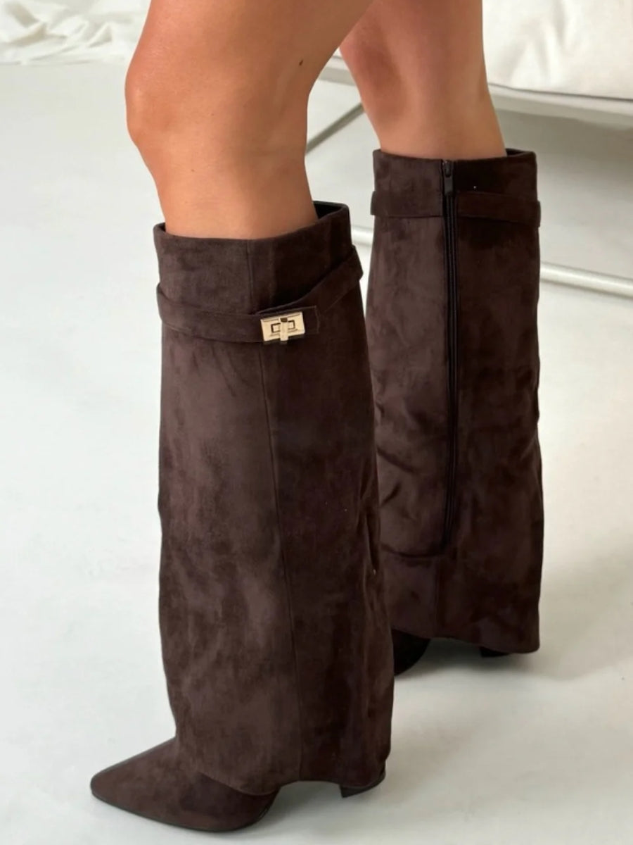 ALVINA | Luxe Suede-Look High Boots with Golden Accent
