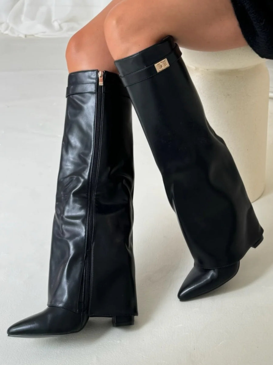 ALVINA | Luxe Suede-Look High Boots with Golden Accent