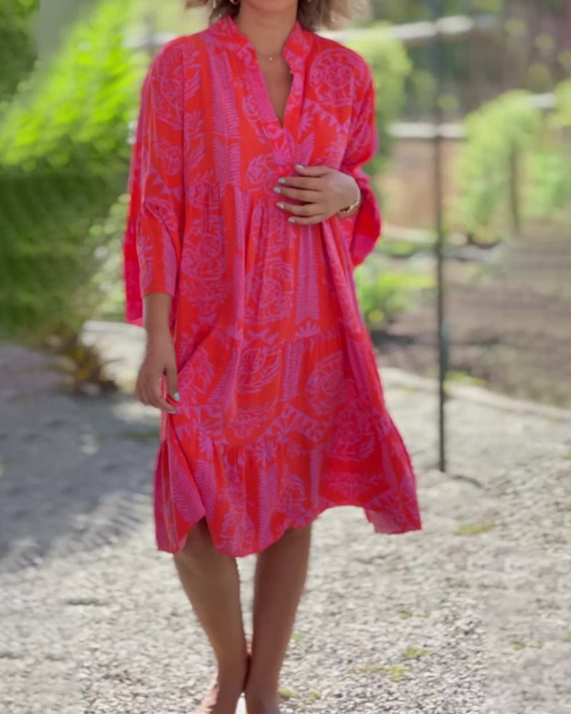 LIVIA | Boho Dress with Three-Quarter Sleeves and Geometric Print