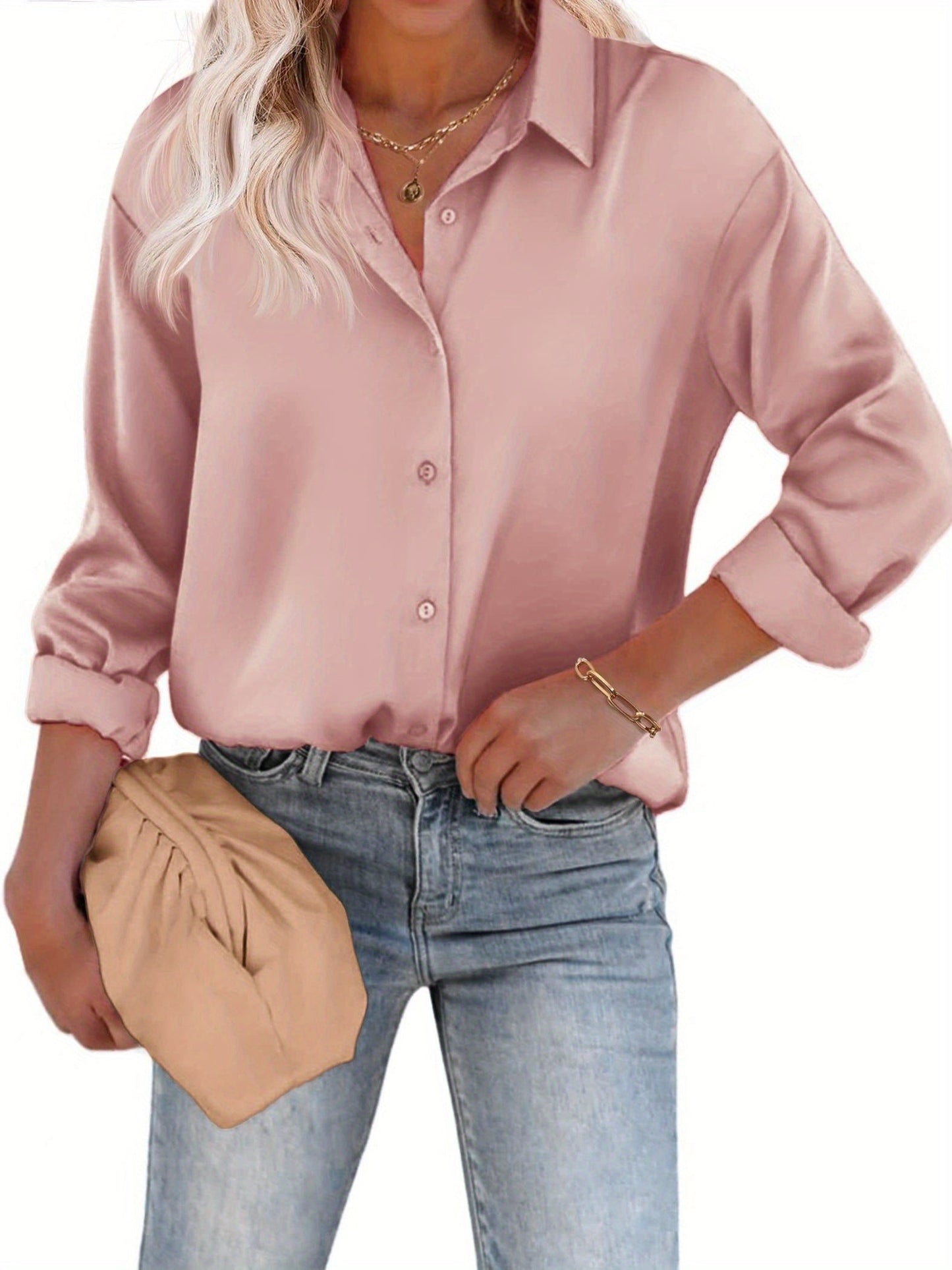 Esthere | Casual Satin Blouse with Button Closure and Long Sleeves