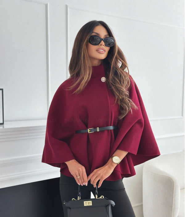 Batwing coat with belt and wide sleeves | Elegant wool blend coat