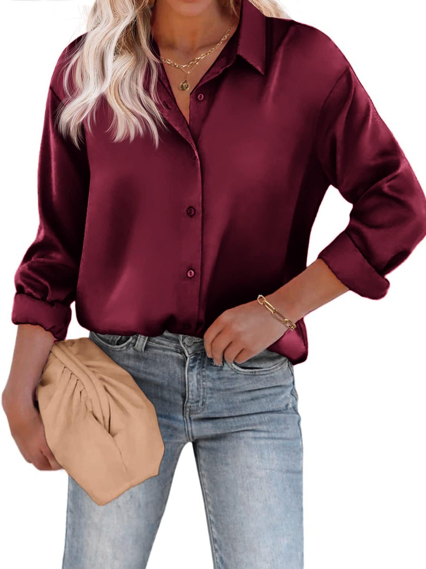 Esthere | Casual Satin Blouse with Button Closure and Long Sleeves