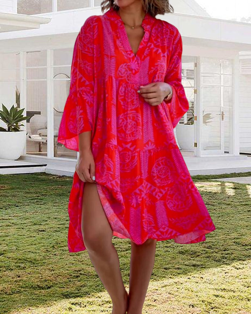 LIVIA | Boho Dress with Three-Quarter Sleeves and Geometric Print