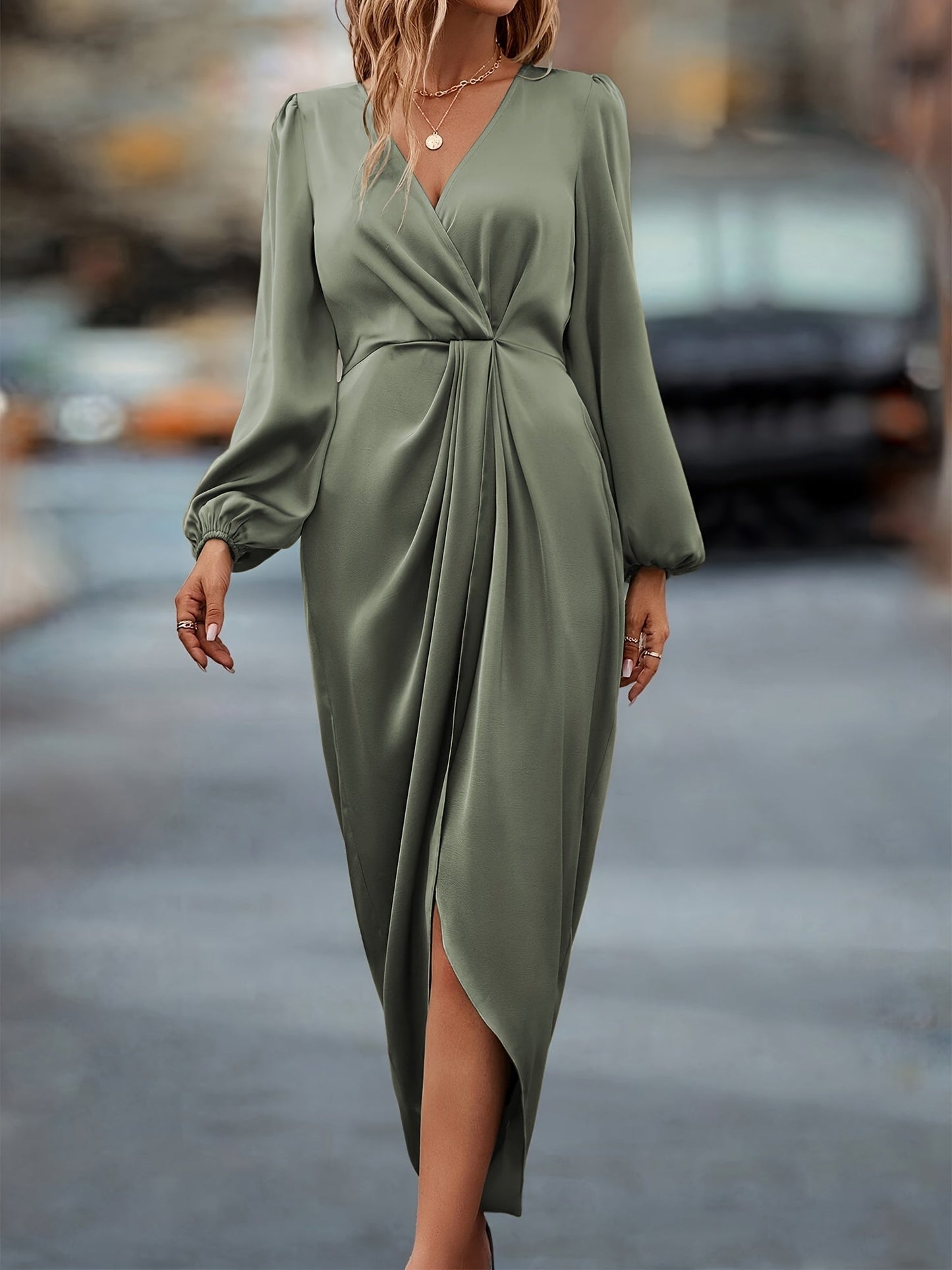 MADELINA | Satin Dress with Long Sleeves for Wedding Guests