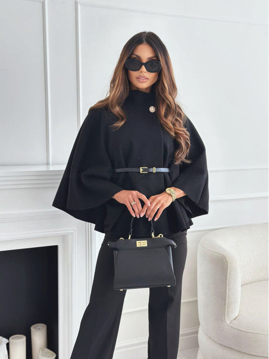 Batwing coat with belt and wide sleeves | Elegant wool blend coat
