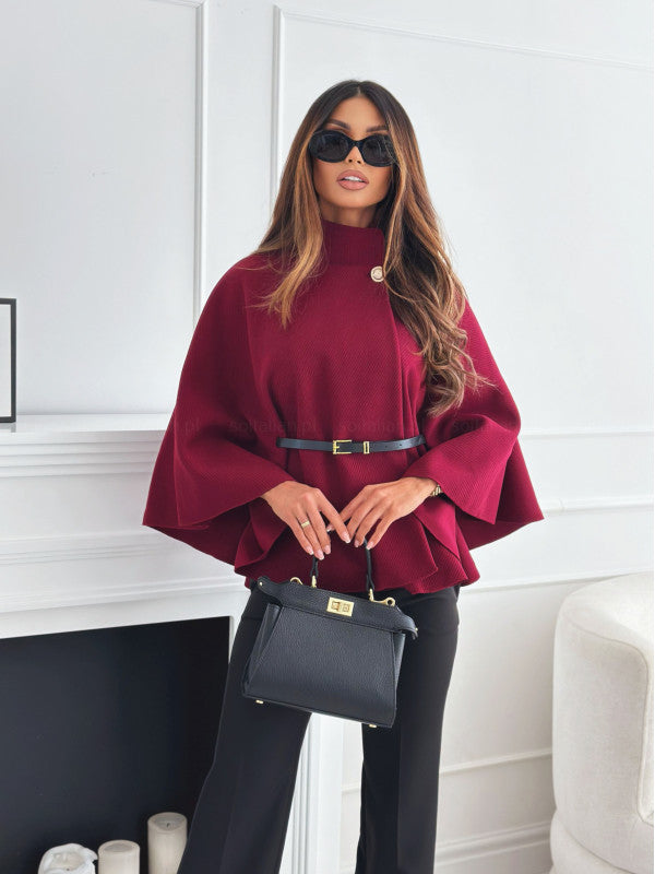 Batwing coat with belt and wide sleeves | Elegant wool blend coat