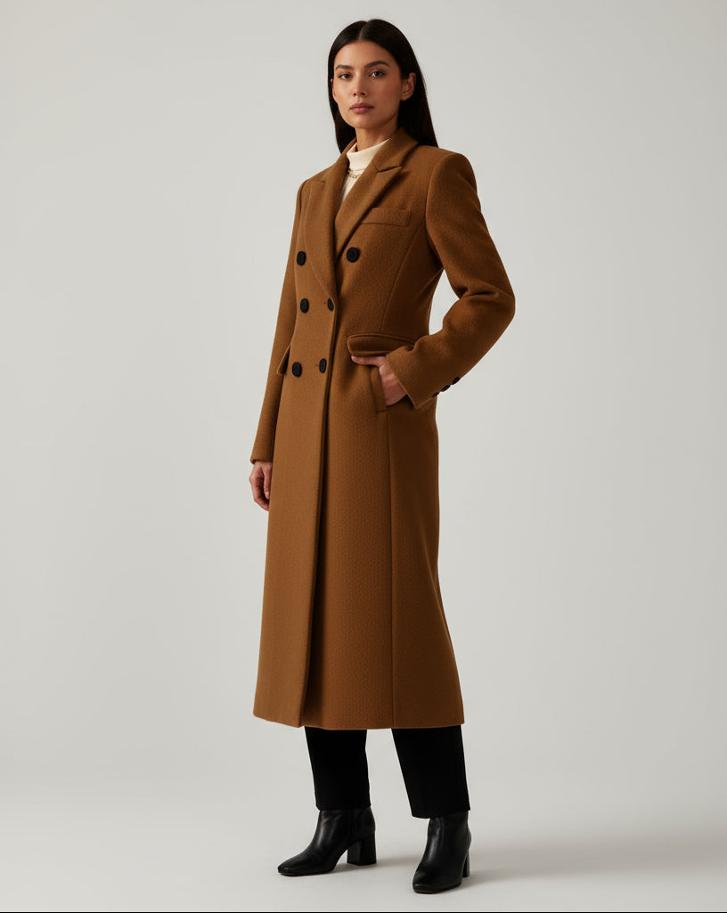 Elegant long coat in wine red with double buttons