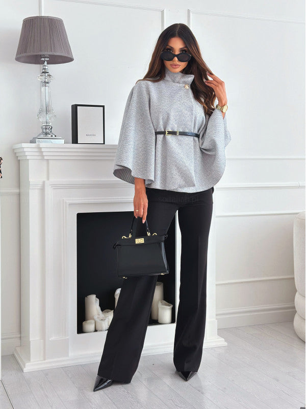 Batwing coat with belt and wide sleeves | Elegant wool blend coat