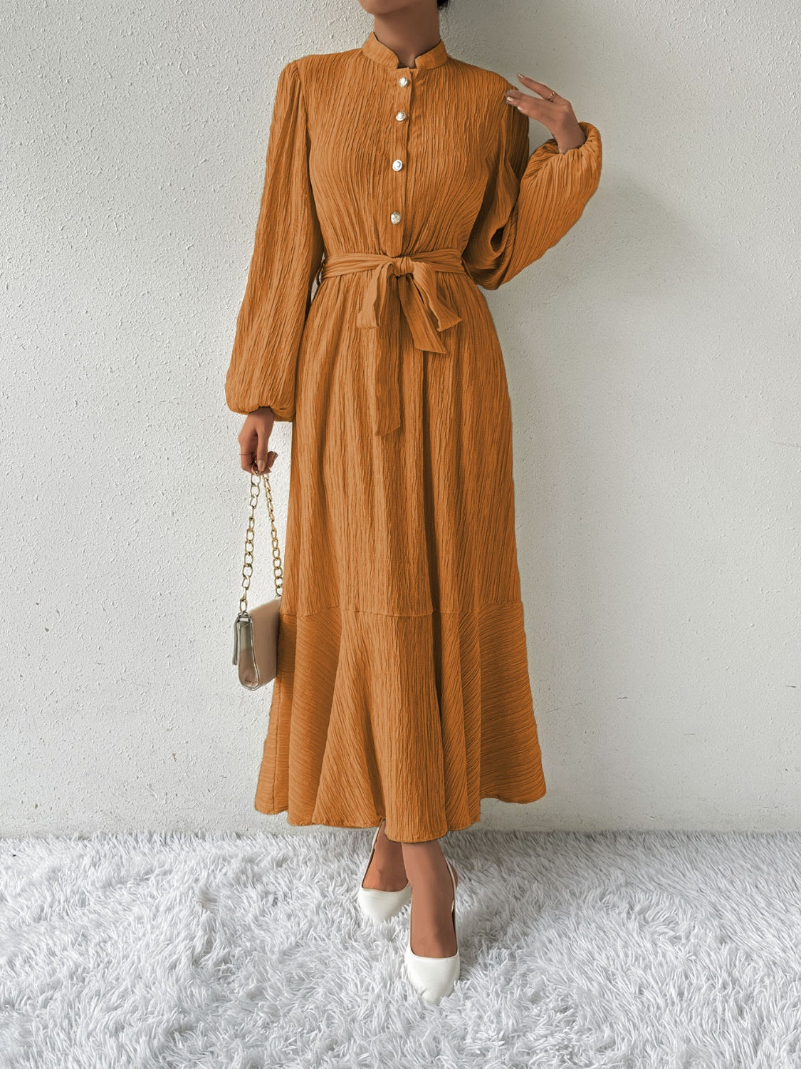 MAUREEN | Dress with Long Sleeves and Waist Accent