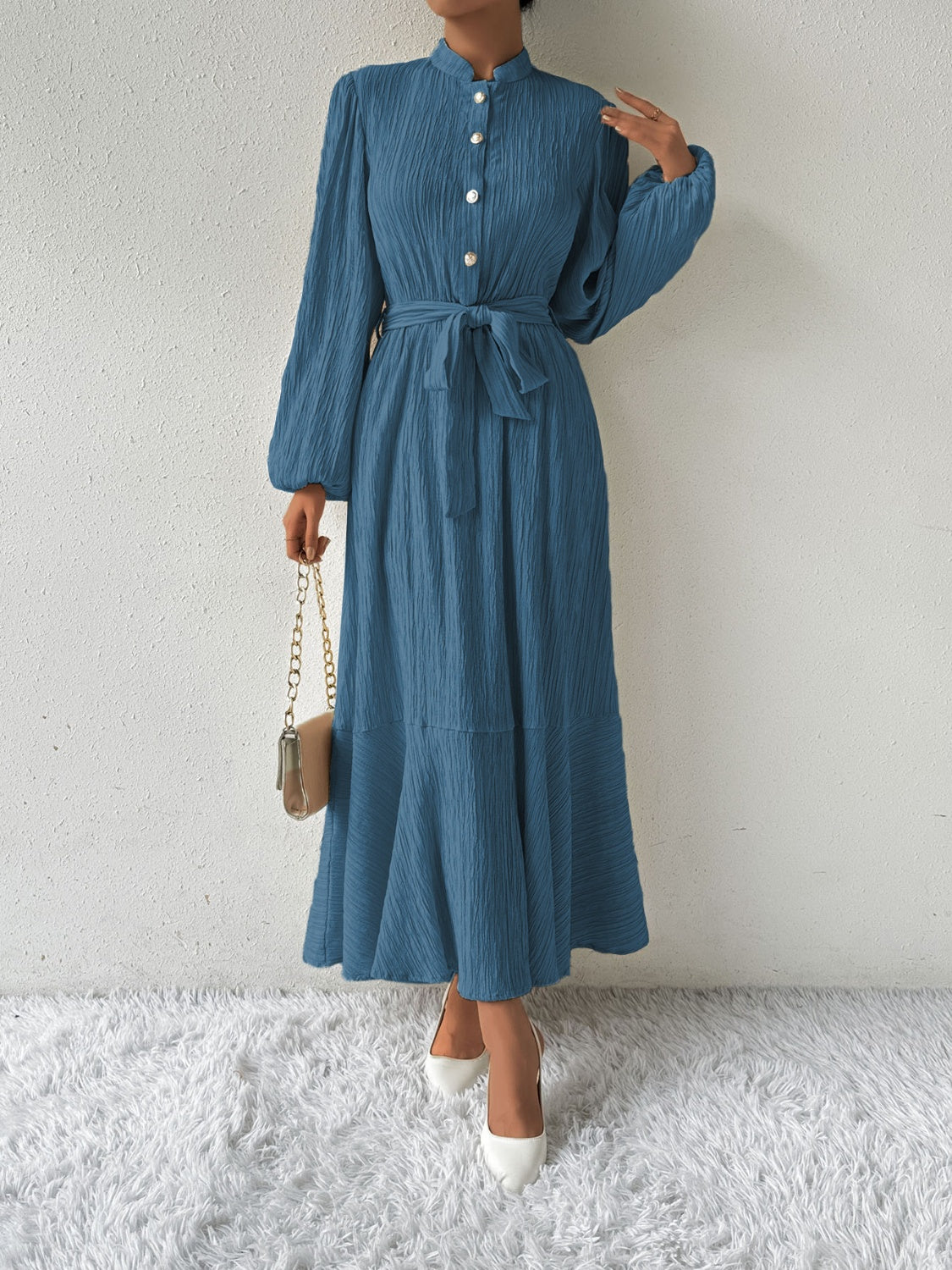 MAUREEN | Dress with Long Sleeves and Waist Accent