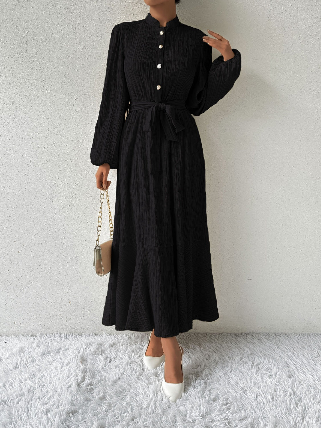 MAUREEN | Dress with Long Sleeves and Waist Accent