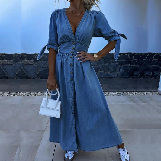 JENARA | Denim maxi dress with buttons and tie sleeves