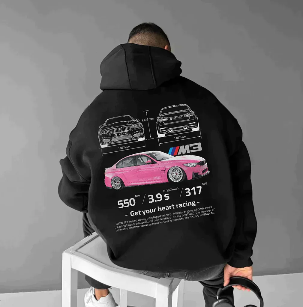 Hoodie with sports car print – Rug design with typography and sleeve print