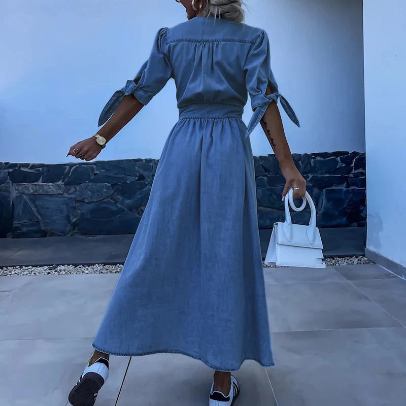 JENARA | Denim maxi dress with buttons and tie sleeves