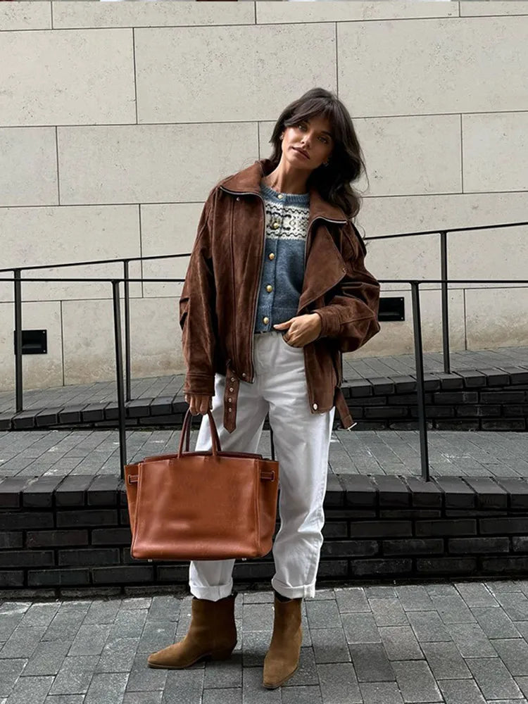 Ava Ladies Biker Jacket | Soft Suede with Oversized Collar