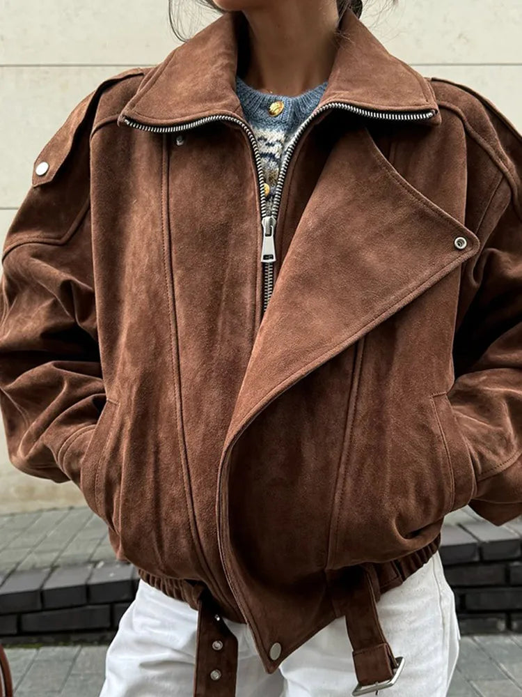 Ava Ladies Biker Jacket | Soft Suede with Oversized Collar